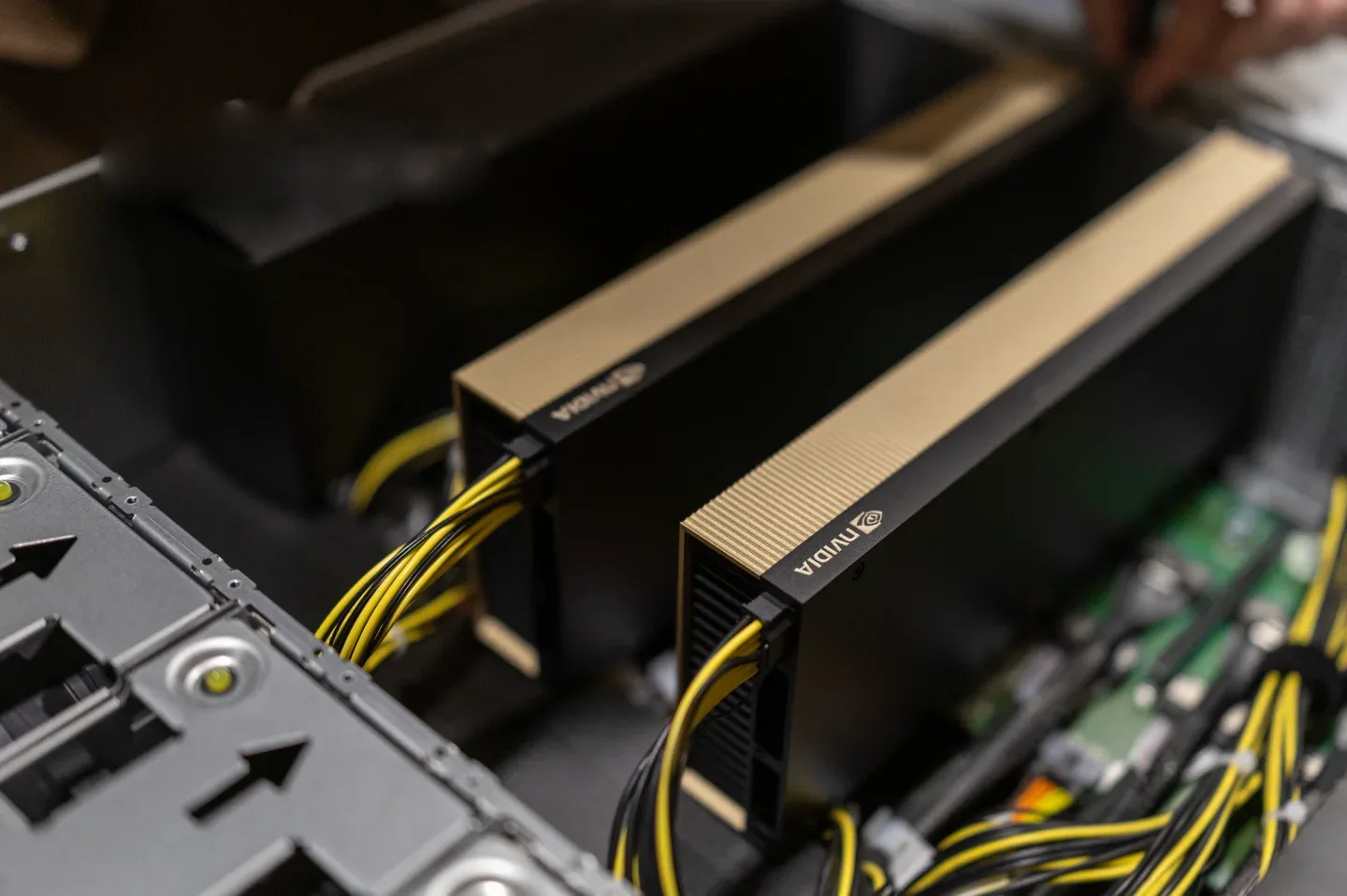 Close-up of the dual NVIDIA GPU assembly inside a B3IQ machine