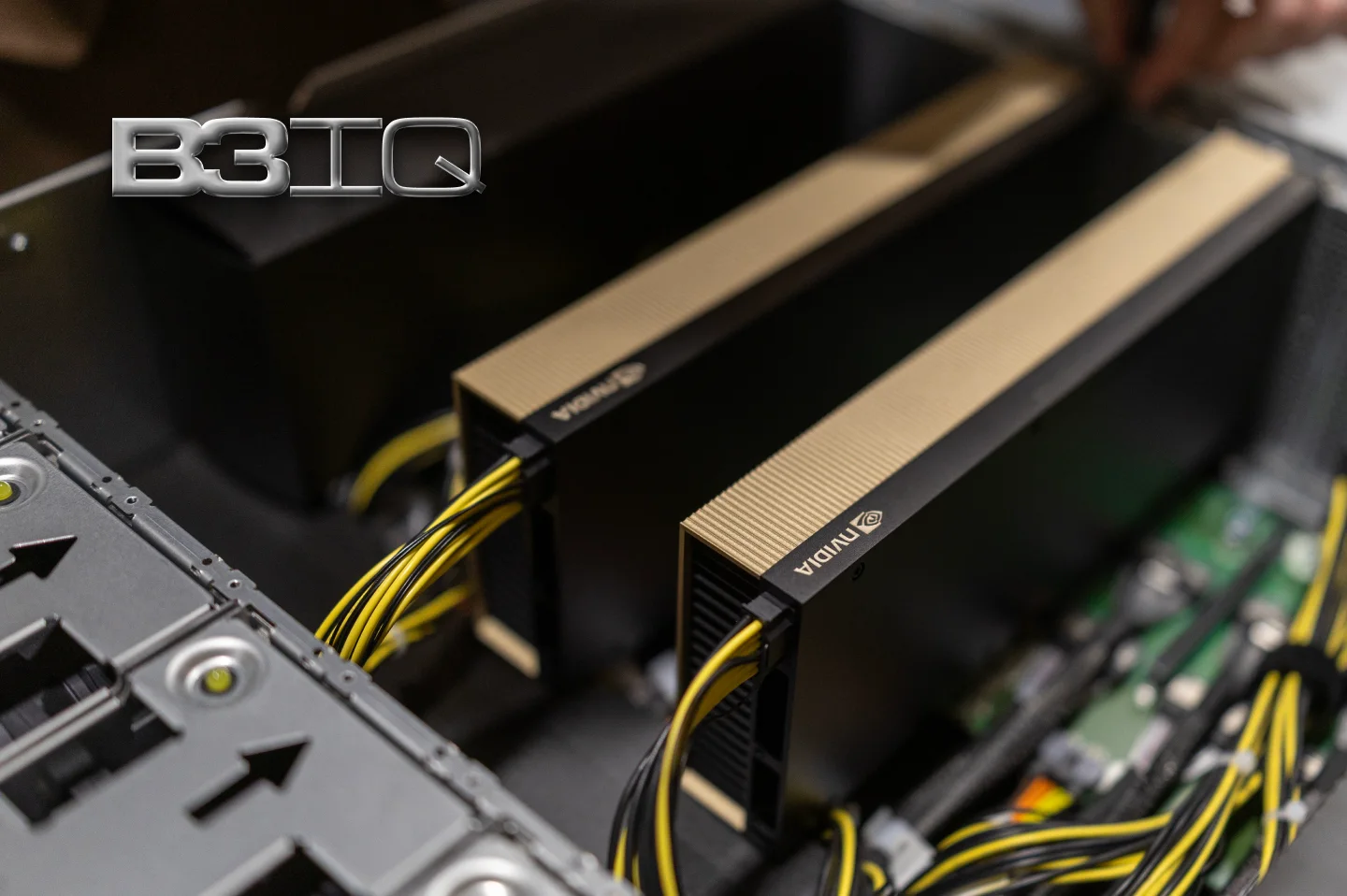 Close-up of the dual NVIDIA GPU assembly inside a B3IQ machine